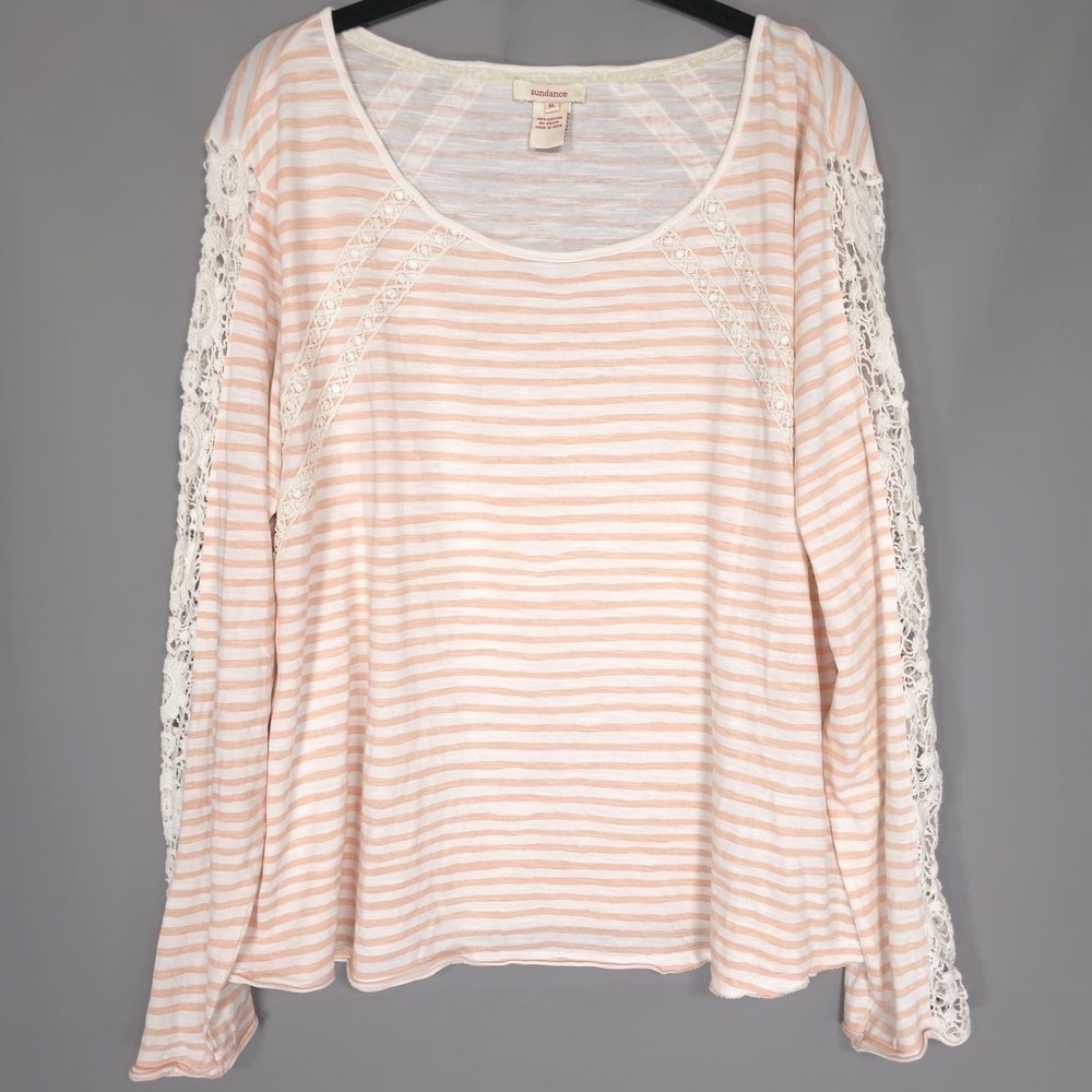 sundance Women's‎ Top Size XL Floral Lace Sleeve Striped Cotton Beige Pink